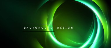 Koyu yeşil arka planda parlak neon girdaplar var. Dairesel katmanlar dinamik görsel efekt yaratır. Metin arkaplan tasarımı okur.