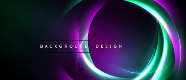 Soyut neon halkalar koyu arkaplanla örtüşüyor. Canlı yeşil, mor renkler dinamik görsel efekt yaratır. Metin arkaplan tasarımı okur.