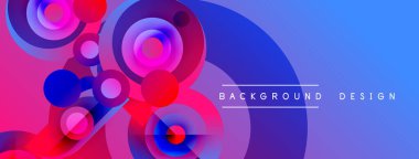 Soyut canlı tasarım, üst üste binen daireler, gradyanlar. Pembe, mavi renkler dinamik görsel efekt yaratır. Modern arkaplan ögesi.