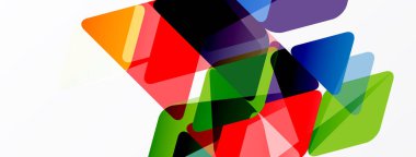 Soyut geometrik şekiller örtüşür, canlı renkli kompozisyon oluşturur. Parlak renkler beyaz arkaplana hakim. Modern tasarım elemanları.