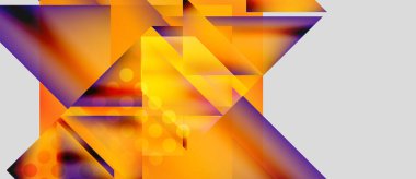 Soyut geometrik bileşim. Turuncu, sarı, mor renkler harmanlanır. Keskin açılar, üst üste binen şekiller dinamik görsel efekt yaratır. Parlak çemberler karşıtlık ekle.