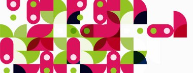 Abstract geometric pattern. Shapes overlap, creating colorful mosaic. Pink, green, navy dominate composition. Modern design element.