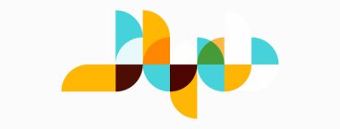 Soyut geometrik şekiller çakışıyor, renkli desenler yaratıyor. Tasarım kıvrımlı bölümler, ılık tonlar, serin renkler içeriyor. Minimalist stil.