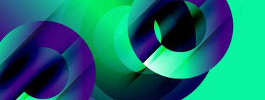 Soyut sıvı şekilleri örtüşür, canlı gradyanlar yaratır. Renkler harmanlanmış, mor, yeşil, dinamik bileşim. Modern tasarım.