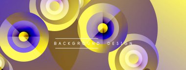 Soyut daireler örtüşüyor, parlak sarı ve mor renkler yaratıyor. Arka planlar ve sunumlar için modern tasarım öğesi. Yumuşak gradyanlar dinamik görsel efekt sunar.
