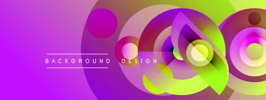 Soyut, enerjik bir arkaplan. Üst üste binen daireler dinamik görsel efekt yaratır. Mor, yeşil, sarı renkler kompozisyona hakim. Modern tasarım ögesi.