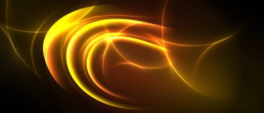 Koyu arkaplanda parlak altın kıvrımlar var. Soyut ışık desenleri dinamik enerji yaratır, sıcak tonlar bileşime hakim olur..