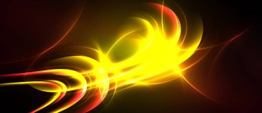 Parlak sarı, kırmızı enerji akıyor. Dönen şekiller karanlık arka plana karşı dinamik soyut kompozisyon oluşturur. Canlı renkler baskın.