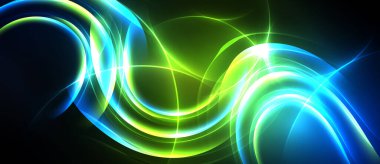 Soyut parlak dalgalar, canlı maviler, yeşiller koyu arkaplana hükmediyor. Dinamik enerji yayılır ve geleceksel bir his yaratır..