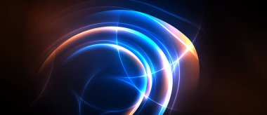 Soyut parlak çizgiler dairesel desenler oluşturur. Parlak maviler, portakallar, beyazlar koyu arkaplana karışıyor. Dinamik enerji merkezden yayılır.