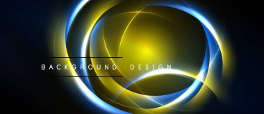 Soyut neon halkalar, parlak sarı, mavi parlıyor. Karanlık arka plan dramatik görsel efektler yaratır. Modern tasarım ögesi.