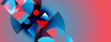 Soyut kompozisyon. Mavi, kırmızı renkler harmanlanır. Şekiller çakışıyor, dinamik görsel etki yaratıyor. Gradyan arka plan derinlik katıyor. Modern tasarım.