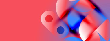 Soyut şekiller harmanlanır, canlı kırmızılar, maviler dinamik kompozisyon yaratır. Yumuşak eğimler hareketi, derinliği gösterir. Modern tasarım ögesi.