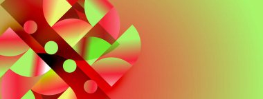 Soyut şekiller canlı kırmızıları, yeşillikleri, sarıları harmanlıyor. Arkaplan dönüşümleri sıcaktan serin tonlara dönüşüyor. Modern tasarım elementleri dinamik bileşim oluşturur.