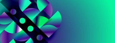 Soyut geometrik şekiller, canlı deniz mavisi, mor renkler. Modern tasarım, gradyan arka plan, dinamik kompozisyon. Minimalist estetik, temiz çizgiler..