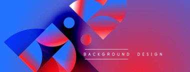 Soyut geometrik şekiller canlı mavileri, kırmızıları, morları harmanlarlar. Modern tasarım üst üste binen daireler, dinamik kompozisyon içerir. Arkaplan metni arkaplan tasarımı okur.