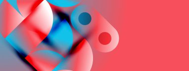 Soyut sıvı şekiller harmanlanarak canlı kırmızı ve mavi renkler yaratır. Dairesel biçimler kesişiyor, hareket ve derinlik öneriliyor. Modern tasarım ögesi.