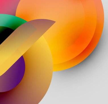 Soyut şekiller örtüşüyor, canlı renk değişimleri yaratıyor. Turuncu, sarı, mor renkler kompozisyona hakim. Düz geçişler tasarımı tanımlar.