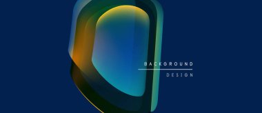 Soyut tasarım katmanlı şekiller, canlı renkler, koyu mavi arkaplan. Modern estetik, gradyan etkisi, basit kompozisyon.