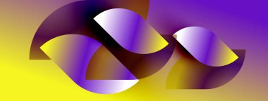 Soyut şekiller mor ve sarı renkleri harmanlıyor. Sıvı formları dinamik bileşim yaratır, hareket ve derinlik önerir. Modern tasarım.