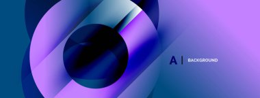 Soyut tasarım, üst üste binen daireler, canlı mavi, mor renkler. Modern estetik, pürüzsüz gradyanlar dinamik görsel etki yaratır.