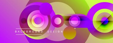 Soyut, enerjik çemberler çakışıyor, renkli gradyanlar yaratıyor. Arkaplanda metin arkaplan tasarımı var. Modern, dinamik görsel kompozisyon.