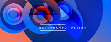 Soyut katmanlar dinamik bileşim yaratır. Mavi, turuncu renkler karışıyor, dairesel desenler oluşturuyor. Metin arka plan tasarımı okur. Modern görsel element.