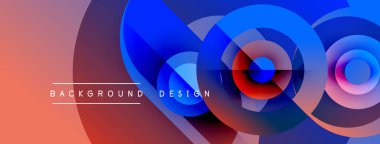 Soyut çemberler çakışıyor, canlı gradyanlar yaratıyor. Renkler mercandan maviye dönüşür. Metin arka plan tasarımı okur. Modern estetik.