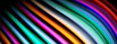 Soyut renkli çizgiler eğrisi, dinamik görsel efekt yaratır. Parlak renkler karanlığa karışır. Modern tasarım ögesi.