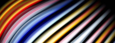 Soyut renkli çizgiler eğrisi, dinamik görsel efekt yaratır. Parlak renkler harmanlanır ve modern tasarım elementini oluşturur. Siyah arkaplan canlı çizgileri vurgular.