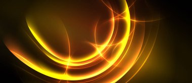 Soyut altın ışık kıvrımları merkezden yayılır. Sıcak tonlar koyu arkaplanda baskın gelir. Dinamik enerji akıyor, görsel etki yaratıyor..