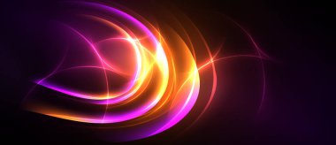 Soyut girdaplar, canlı renkler, dinamik kompozisyon. Pembe, turuncu, mor renkler siyah arkaplanda kusursuz bir şekilde harmanlanır. Zarif, modern tasarım.