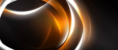 Soyut tasarım kıvrımlı çizgiler, turuncu ışıltı, koyu arkaplanda beyaz röfleler içerir. Modern, dinamik kompozisyon.