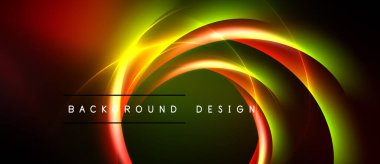 Soyut tasarım canlı eşmerkezli daireler içerir. Renkler kırmızı, turuncu, yeşil karışımı, dinamik görsel efekt yaratır. Metin arkaplan tasarımı okur.