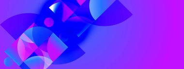 Soyut şekiller, canlı maviler, pembeler mor arkaplana hakim. Modern tasarım, dinamik kompozisyon, pürüzsüz gradyanlar.