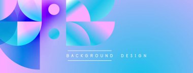 Soyut geometrik şekiller örtüşür, parlak mavi ve pembe renkler yaratır. Arkaplan metni arkaplan tasarımı okur. Modern, temiz estetik.