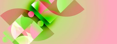 Parlak yeşil, pembe ve sarı şekilli soyut bir kompozisyon. Dairesel segmentler, dinamik görsel efekt oluşturur. Yumuşak eğimler arkaplana hakim.