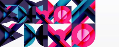 Soyut geometrik bileşim. Kalın renkler, keskin açılar, dinamik şekiller modern görsel deneyimler yaratır. Minimalist tasarım, canlı palet.