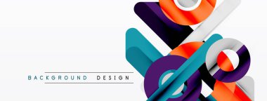 Soyut geometrik şekiller örtüşür, dinamik bileşim yaratır. Modern tasarım canlı renkler, gradyanlar, beyaz boşluk kullanır.