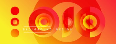 Soyut tasarım eşmerkezli daireler, canlı turuncu, kırmızı renkler içerir. Metin elemanları olan modern arkaplan, basit geometri.