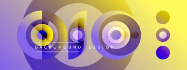 Soyut renkli tasarım, üst üste binen daireler, gradyanlar. Metin arka plan tasarımı okur. Açık sarı, mor renkler kompozisyona hakim..