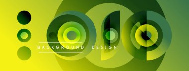 Soyut geometrik tasarım. Çemberler, canlı gradyanlar oluşturarak kesişir. Sarı, yeşil renkler kompozisyona hakim. Modern estetik.