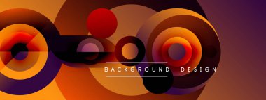 Soyut daireler örtüşüyor, dinamik turuncu ve mor renkler yaratıyor. Metin, kompozisyon içerisindeki arkaplan tasarımını okur.
