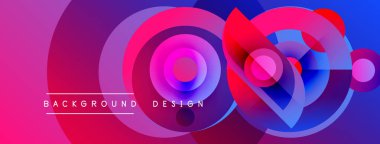 Soyut canlı tasarım, üst üste binen daireler, gradyanlar. Pembe, mor, mavi renkler dinamik görsel efekt yaratır. Metin arkaplan tasarımı okur.