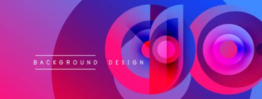 Soyut, enerjik bir arkaplan. Üst üste binen daireler dinamik görsel efekt yaratır. Pembe, mor, mavi renkler kompozisyona hakim. Modern tasarım ögesi.