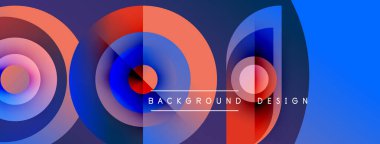 Soyut geometrik şekiller örtüşüyor, canlı renk eğimleri yaratıyor. Mavi, kırmızı, mor renkler tasarımda baskın. Metin arkaplan tasarımı okur.