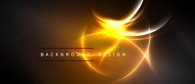 Parlak soyut tasarım parlak çizgiler, kıvrımlar, sıcak renkler içerir. Karanlık zemin merkezi ışık kaynağını vurgular, dinamik görsel efekt yaratır.