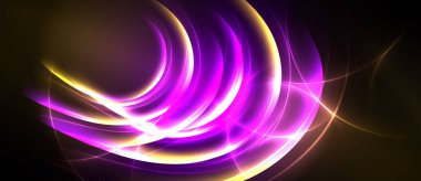 Soyut ışık kıvrımları ışık saçar, mor harmanlanır, altın renkleri olur. Dinamik enerji karanlık zemin boyunca akar ve canlı bir görsel etki yaratır..