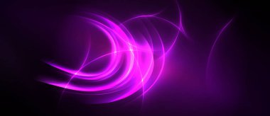 Koyu arkaplanda parlak mor çizgiler var. Soyut tasarım enerjiyi, hareketi ve gelecekteki hissi çağrıştırıyor. Yumuşak eğimler derinlik yaratır.