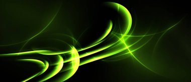 Koyu arkaplan boyunca parlak yeşil çizgiler eğrisi. Soyut tasarım enerjiyi, hareketi, ışık izlerini çağrıştırıyor. Yumuşak gradyanlar dinamik görsel efekt yaratır.